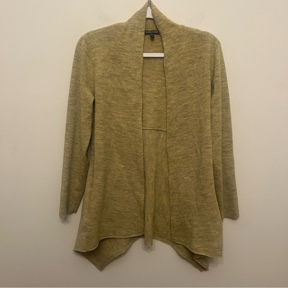 Eileen Fisher 100% Merino Wool Open Front Drape Cardigan Womens Size Small Green